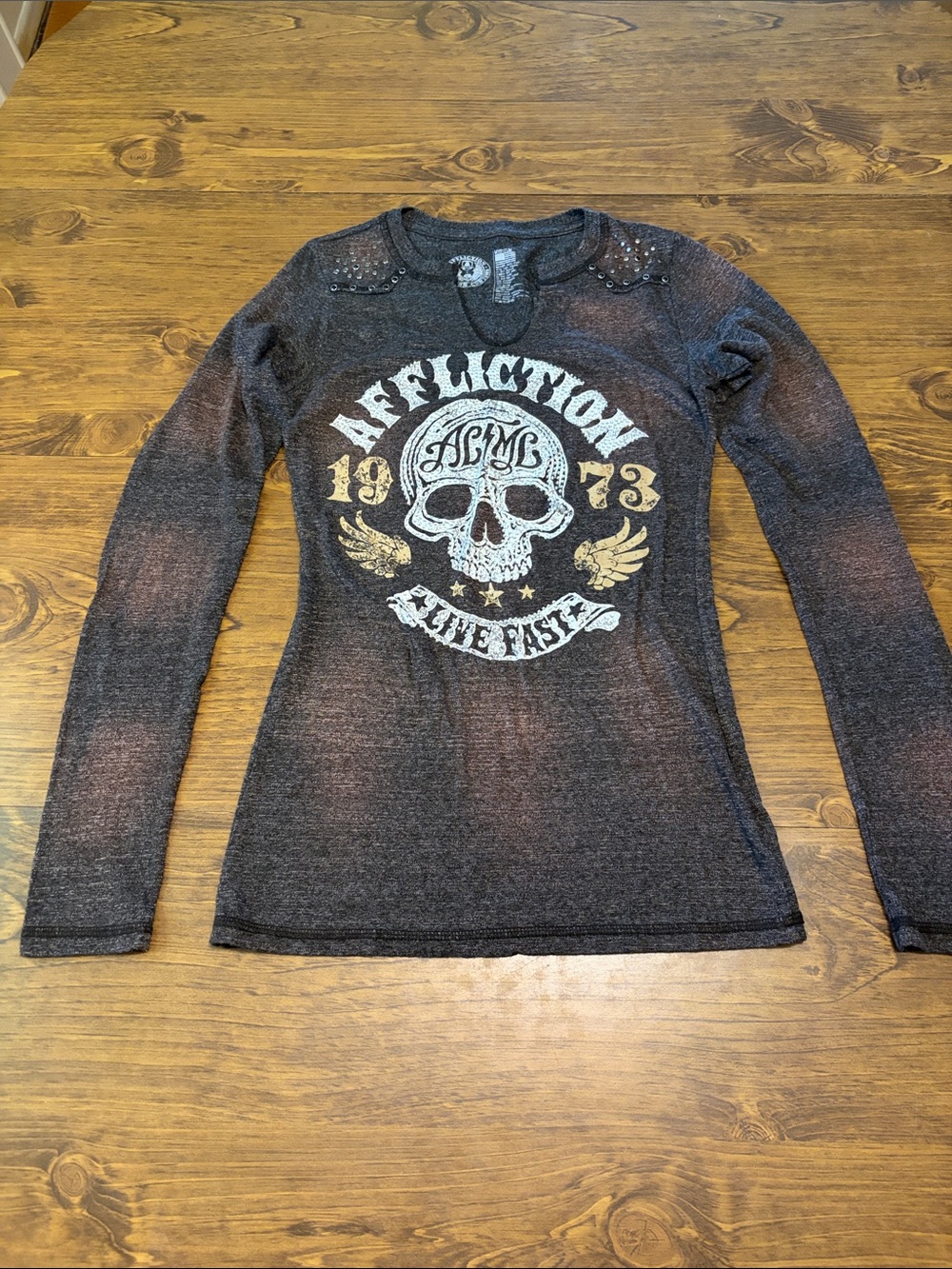 Affliction black/maroon Long-Sleeve Skull Graphic Tee with Studs